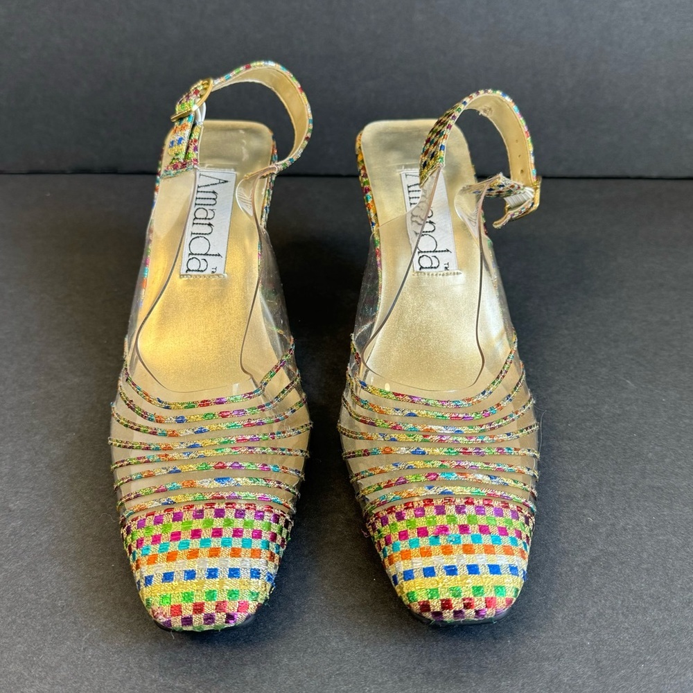 Vintage Gold Rainbow Pumps Clear Metallic Colorful Heels 60s Retro Size 8.5 - Picture 3 of 14